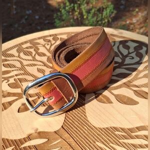 American Eagle Outfitters Women's Brown Tan Pink Leather Boho Embroidered Belt